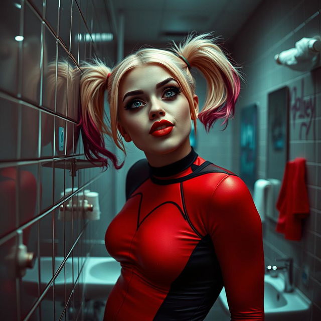 A striking portrayal of Harley Quinn in a school restroom, leaning casually against the wall