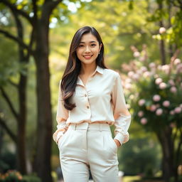 A 32-year-old Asian woman with long, well-groomed hair styled loosely, wearing elegant classic pastel-tone trousers and a blouse