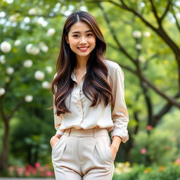 A 32-year-old Asian woman with long, well-groomed hair styled loosely, wearing elegant classic pastel-tone trousers and a blouse