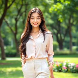 A 32-year-old Asian woman with long, well-groomed hair styled loosely, wearing elegant classic pastel-tone trousers and a blouse