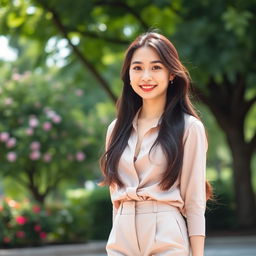 A 32-year-old Asian woman with long, well-groomed hair styled loosely, wearing elegant classic pastel-tone trousers and a blouse