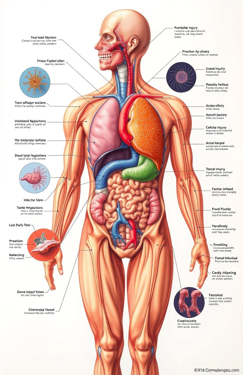 An intricate and detailed illustration of the human body showcasing various organ systems, particularly highlighting pathophysiological processes such as inflammation, cellular injury, and disease progression