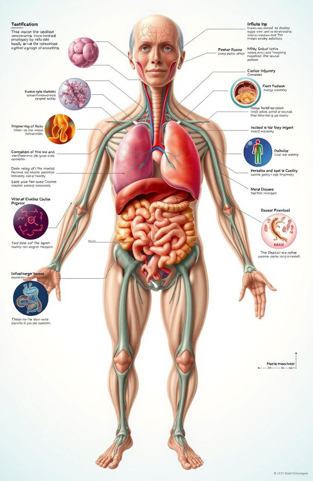 An intricate and detailed illustration of the human body showcasing various organ systems, particularly highlighting pathophysiological processes such as inflammation, cellular injury, and disease progression