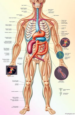 An intricate and detailed illustration of the human body showcasing various organ systems, particularly highlighting pathophysiological processes such as inflammation, cellular injury, and disease progression