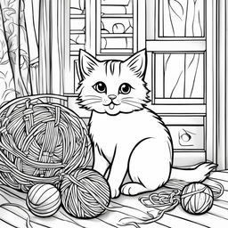 Black and white colouring book page featuring an adorable fluffy cat playing with a ball of yarn in a cozy room.