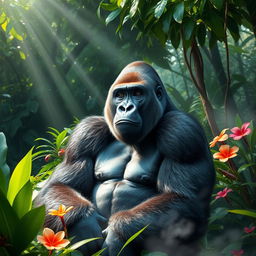 A majestic and powerful gorilla sitting calmly in a lush green rainforest