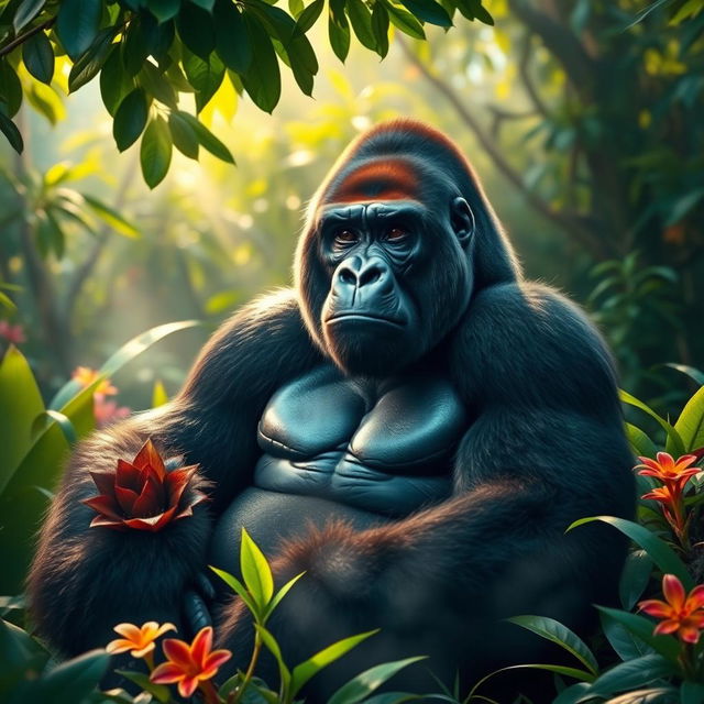 A majestic and powerful gorilla sitting calmly in a lush green rainforest