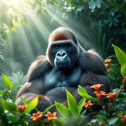 A majestic and powerful gorilla sitting calmly in a lush green rainforest