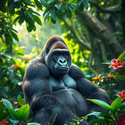 A majestic and powerful gorilla sitting calmly in a lush green rainforest