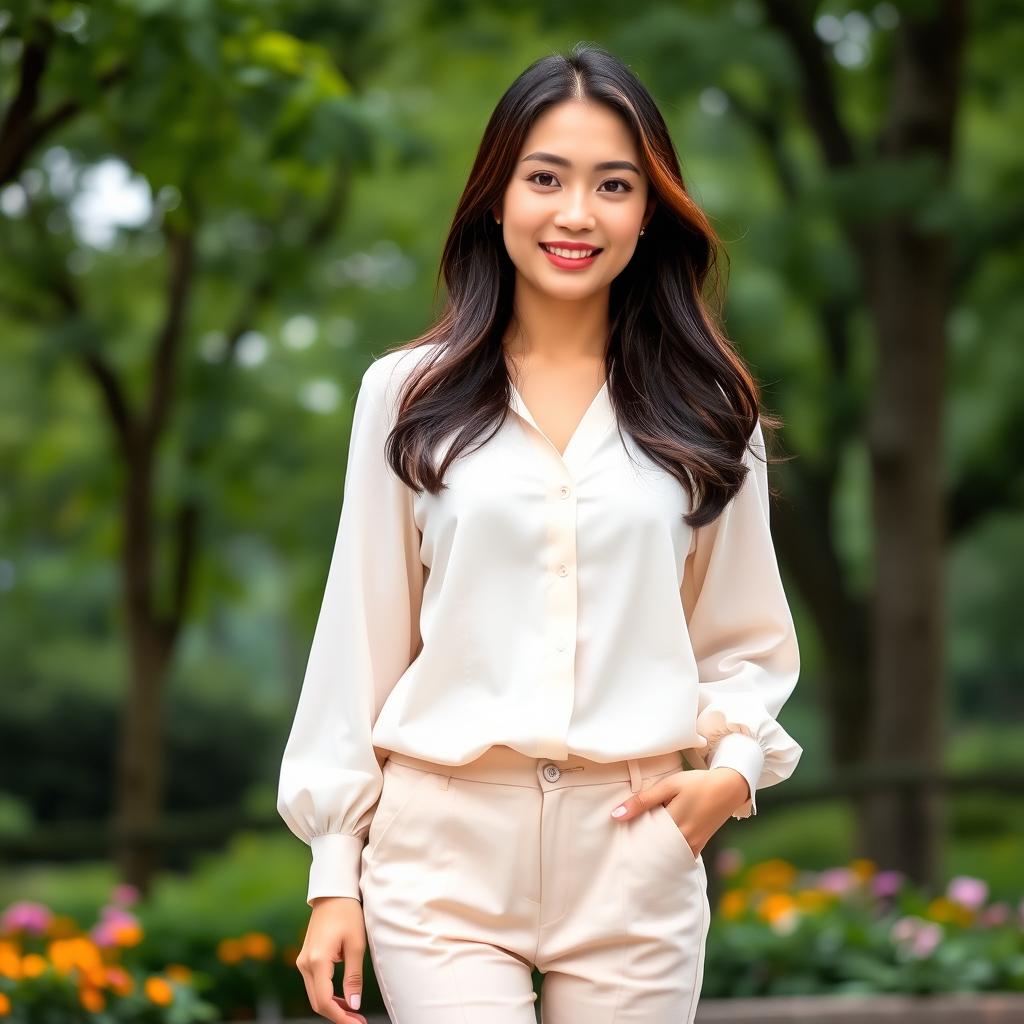 A 32-year-old Asian woman with long, well-groomed hair styled loosely, wearing elegant classic pastel-tone trousers and a blouse