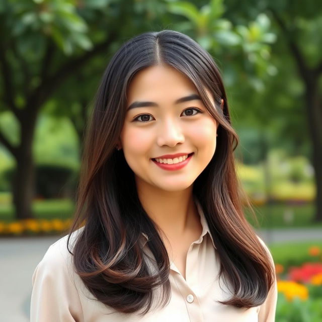 A 32-year-old Asian woman with long, well-groomed hair styled loosely, wearing elegant classic pastel-tone trousers and a blouse