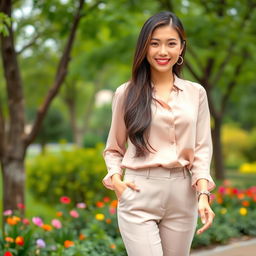 A 32-year-old Asian woman with long, well-groomed hair styled loosely, wearing elegant classic pastel-tone trousers and a blouse