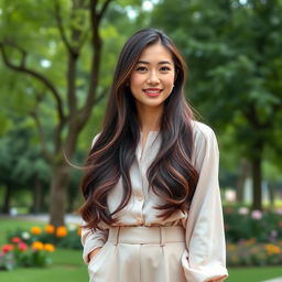 A 32-year-old Asian woman with long, well-groomed hair styled loosely, wearing elegant classic pastel-tone trousers and a blouse