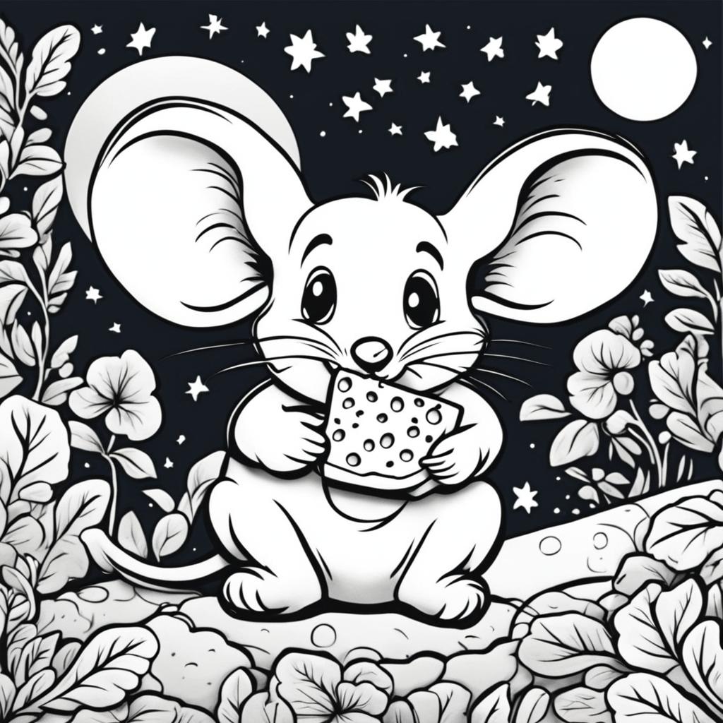 Black and white colouring book page featuring an adorable mouse nibbling on a piece of cheese in a moonlit setting.