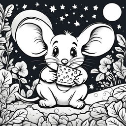 Black and white colouring book page featuring an adorable mouse nibbling on a piece of cheese in a moonlit setting.
