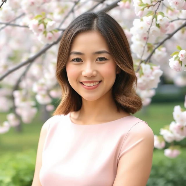 A 35-year-old Asian woman with shoulder-length hair styled in soft waves, wearing a chic dress in soft colors