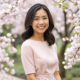 A 35-year-old Asian woman with shoulder-length hair styled in soft waves, wearing a chic dress in soft colors