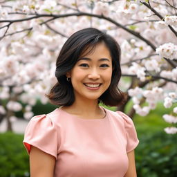 A 35-year-old Asian woman with shoulder-length hair styled in soft waves, wearing a chic dress in soft colors