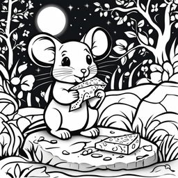 Black and white colouring book page featuring an adorable mouse nibbling on a piece of cheese in a moonlit setting.