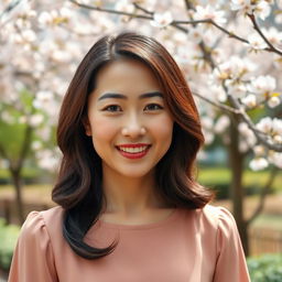 A 35-year-old Asian woman with shoulder-length hair styled in soft waves, wearing a chic dress in soft colors