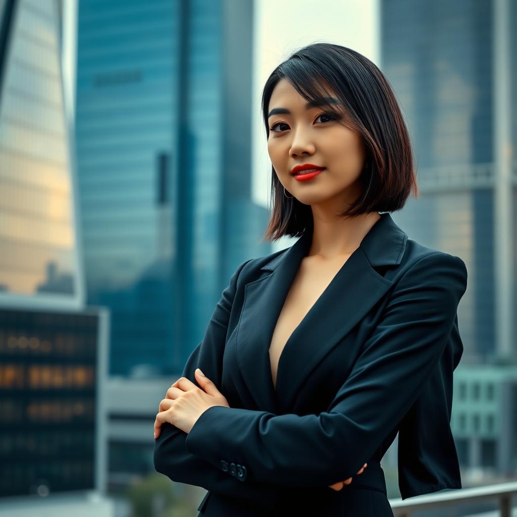 A 30-year-old Asian woman with long straight hair styled in a fashionable bob, dressed in elegant business attire that exudes confidence