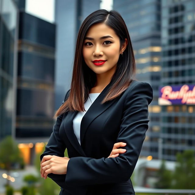 A 30-year-old Asian woman with long straight hair styled in a fashionable bob, dressed in elegant business attire that exudes confidence