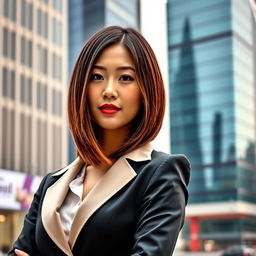 A 30-year-old Asian woman with long straight hair styled in a fashionable bob, dressed in elegant business attire that exudes confidence