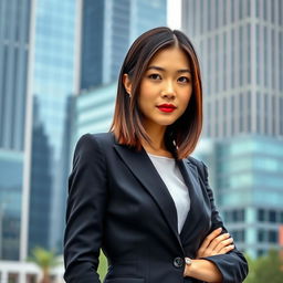 A 30-year-old Asian woman with long straight hair styled in a fashionable bob, dressed in elegant business attire that exudes confidence