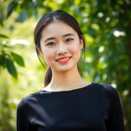 A beautiful 37-year-old Vietnamese woman with light skin and soft facial features, dressed elegantly