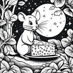 Black and white colouring book page featuring an adorable mouse nibbling on a piece of cheese in a moonlit setting.