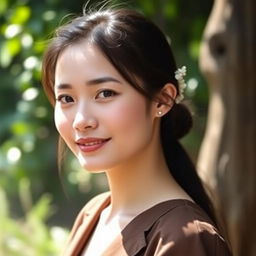 A beautiful 37-year-old Vietnamese woman with light skin and soft facial features, dressed elegantly