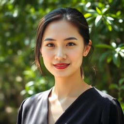 A beautiful 37-year-old Vietnamese woman with light skin and soft facial features, dressed elegantly