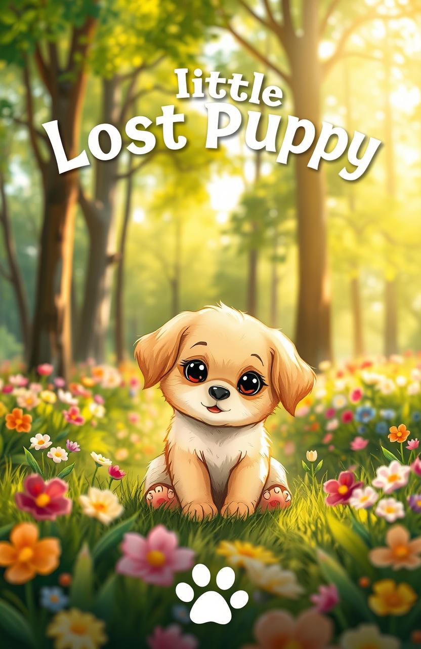 An enchanting book cover for 'The Little Lost Puppy', featuring a heartwarming illustration of a small, fluffy puppy with big, soulful eyes looking curiously at the viewer