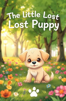 An enchanting book cover for 'The Little Lost Puppy', featuring a heartwarming illustration of a small, fluffy puppy with big, soulful eyes looking curiously at the viewer