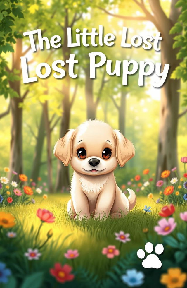 An enchanting book cover for 'The Little Lost Puppy', featuring a heartwarming illustration of a small, fluffy puppy with big, soulful eyes looking curiously at the viewer