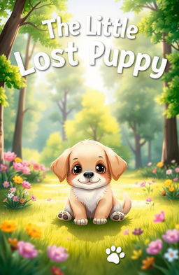 An enchanting book cover for 'The Little Lost Puppy', featuring a heartwarming illustration of a small, fluffy puppy with big, soulful eyes looking curiously at the viewer