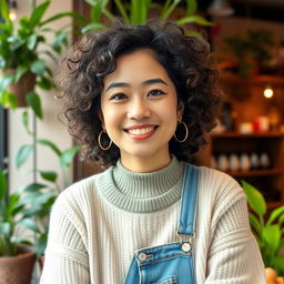 A 33-year-old Asian woman with curly hair and a warm expression, wearing a casual outfit consisting of a cozy sweater and jeans