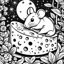 Black and white colouring book page featuring an adorable mouse nibbling on a piece of cheese in a moonlit setting.