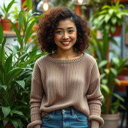 A 33-year-old Asian woman with curly hair and a warm expression, wearing a casual outfit consisting of a cozy sweater and jeans