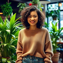 A 33-year-old Asian woman with curly hair and a warm expression, wearing a casual outfit consisting of a cozy sweater and jeans