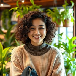 A 33-year-old Asian woman with curly hair and a warm expression, wearing a casual outfit consisting of a cozy sweater and jeans