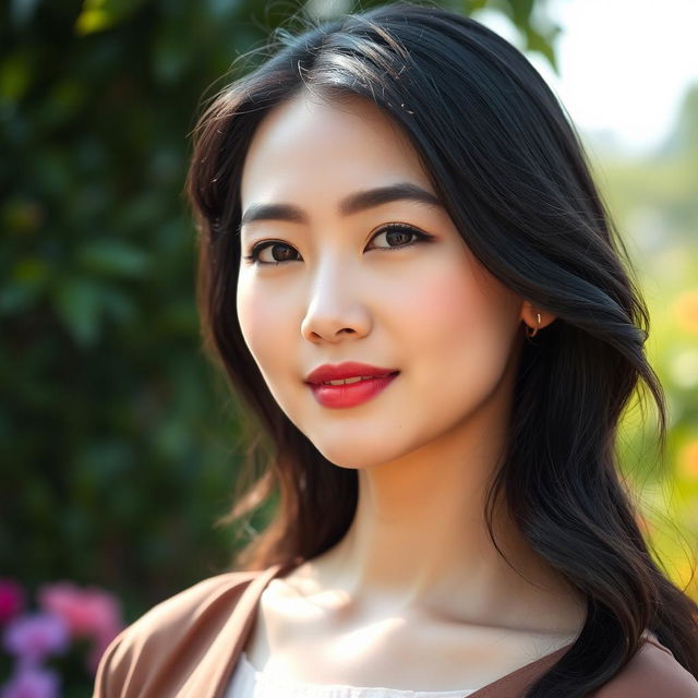 A beautiful 37-year-old Vietnamese woman with light skin and soft facial features, wearing elegant clothing