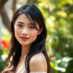 A beautiful 37-year-old Vietnamese woman with light skin and soft facial features, wearing elegant clothing