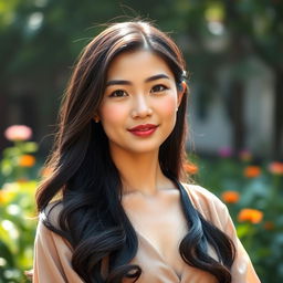 A beautiful 37-year-old Vietnamese woman with light skin and soft facial features, wearing elegant clothing