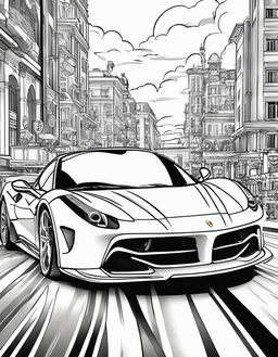 Coloring book page featuring a fast Ferrari in a racing scene.