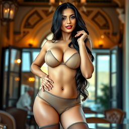 A voluptuous Italian woman with long dark hair, curvy figure, and accentuated features