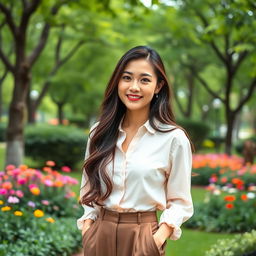 A smartphone wallpaper image of a 32-year-old Asian woman with long, well-groomed hair styled loosely, as if captured by a professional photographer