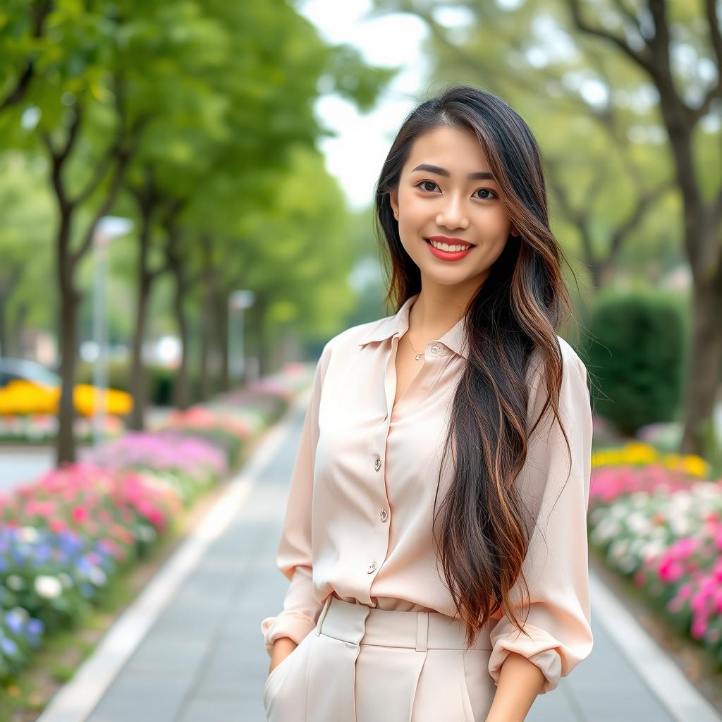 A smartphone wallpaper image of a 32-year-old Asian woman with long, well-groomed hair styled loosely, as if captured by a professional photographer