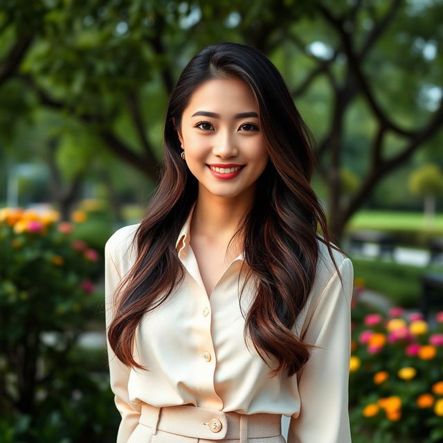 A smartphone wallpaper image of a 32-year-old Asian woman with long, well-groomed hair styled loosely, as if captured by a professional photographer