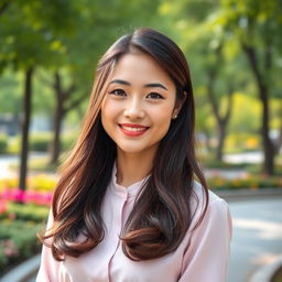 A smartphone wallpaper image of a 32-year-old Asian woman with long, well-groomed hair styled loosely, as if captured by a professional photographer